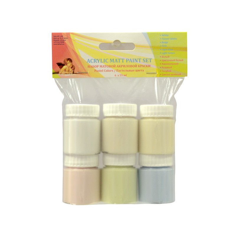 Rinkinys matiniai akriliniai dažai, pastelinės spalvos 6x25 ml. Rinkinys matiniai akriliniai dažai, pastelinės spalvos 6x25 ml.